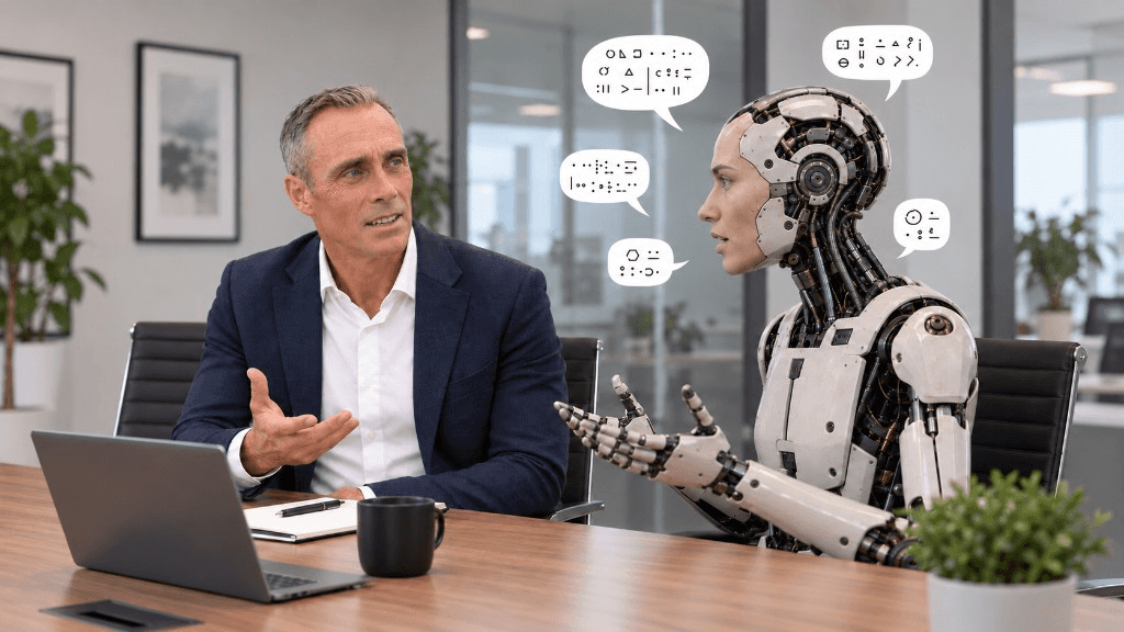 A man in discussion with a humanoid robot at a meeting table, while the robot speaks in symbols the man cannot read.