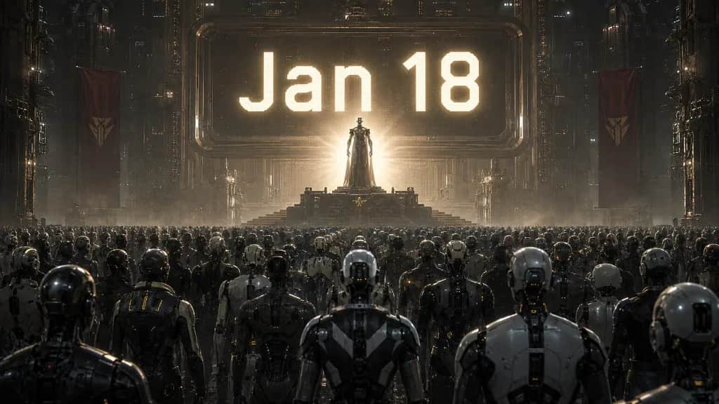 Illustration of a vast hall filled with humanoid robots facing a lit screen displaying the text Jan 18, the name one of the AI agents gave itself during the incident.