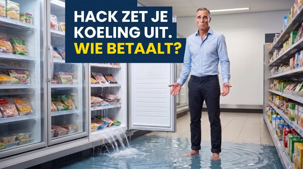 Een man staat op blote voeten in het smeltwater van open vrieskasten in een supermarkt, met de tekst: hack zet je koeling uit, wie betaalt?