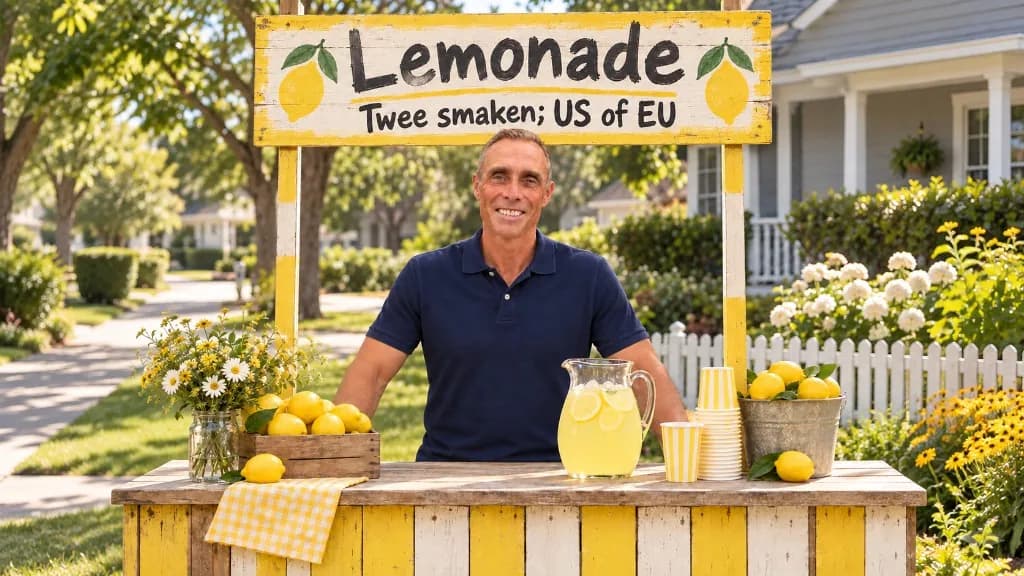 Marc Diks achter een geel-wit limonadekraam met het bord "Lemonade, twee smaken: US of EU", in een zonnige woonwijk.