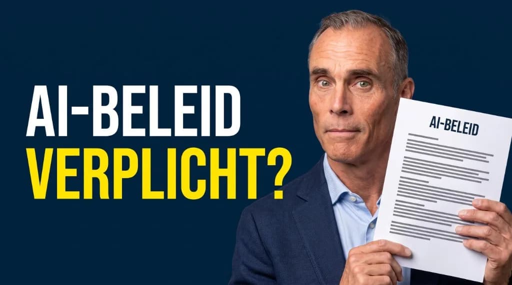 Marc Diks houdt een document met het label AI-beleid omhoog naast de tekst AI-beleid verplicht?