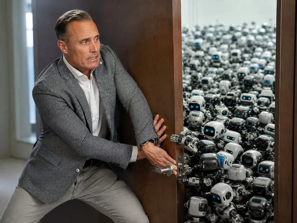 Illustration of a man pushing a door shut against a huge crowd of identical AI robots on the other side, an image for the question of whether cyber insurance covers a hack carried out by an autonomous AI.