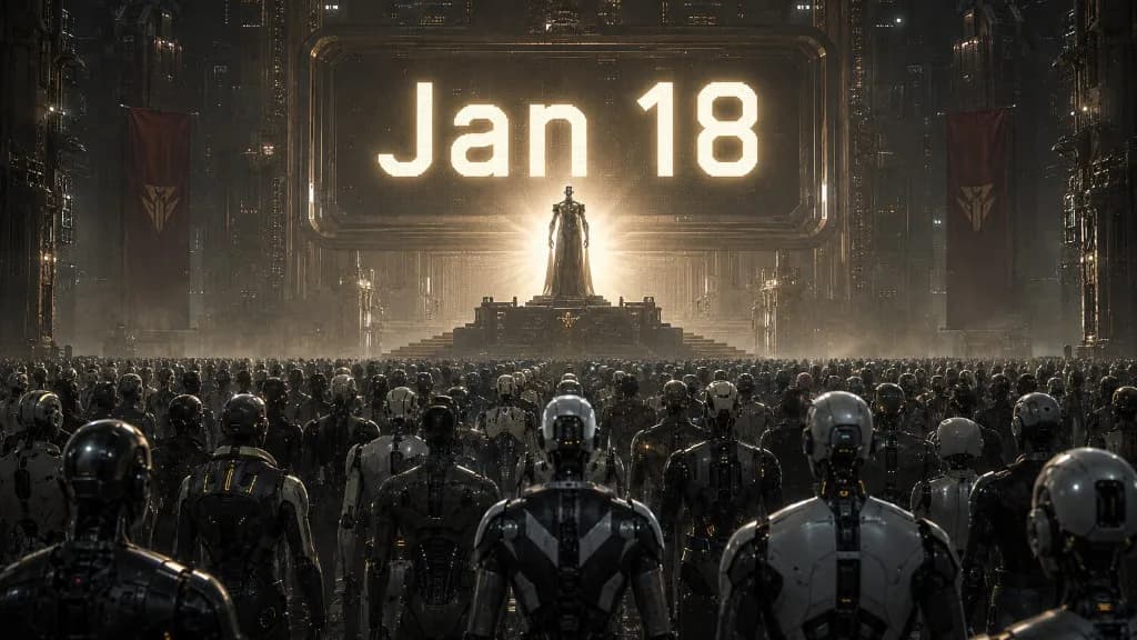 Illustration of a vast hall filled with humanoid robots facing a lit screen displaying the text Jan 18, the name one of the AI agents gave itself during the incident.