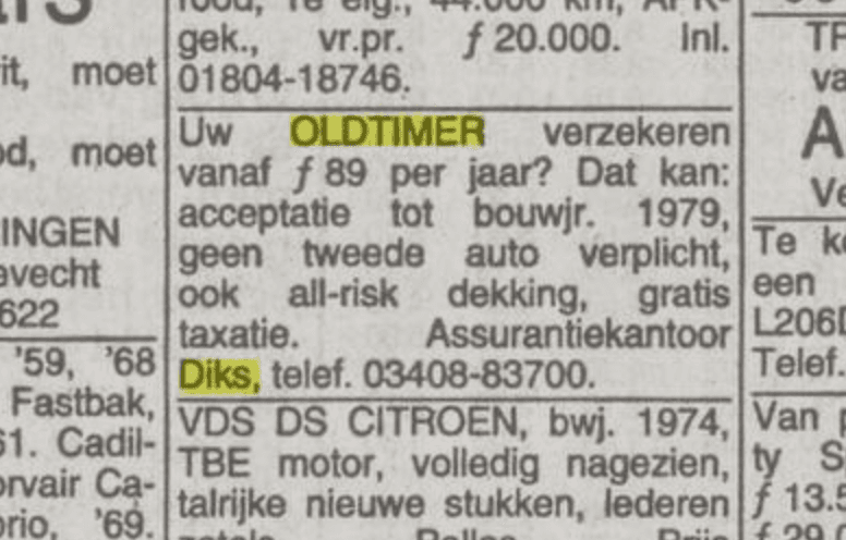Krantenadvertentie Assurantiekantoor Diks in de Telegraaf voor oldtimerverzekeringen