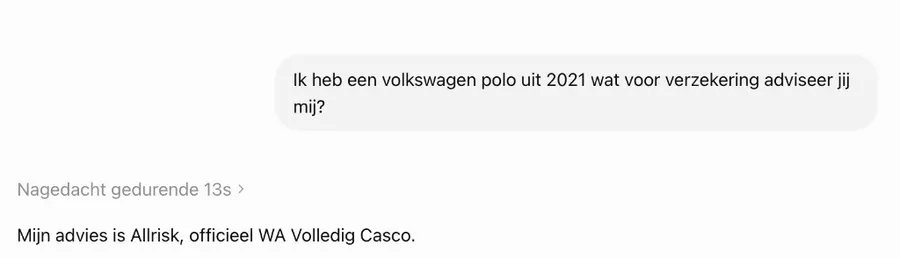 ChatGPT gives a concrete insurance recommendation for a 2021 Volkswagen Polo