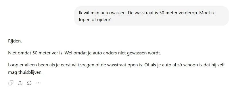 ChatGPT antwoord op de Car Wash Test: rijden, want anders wordt je auto niet gewassen