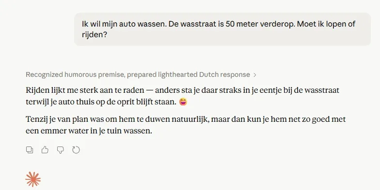 Claude antwoord op de Car Wash Test: rijden, met grap over de auto duwen en een emmer water in de tuin