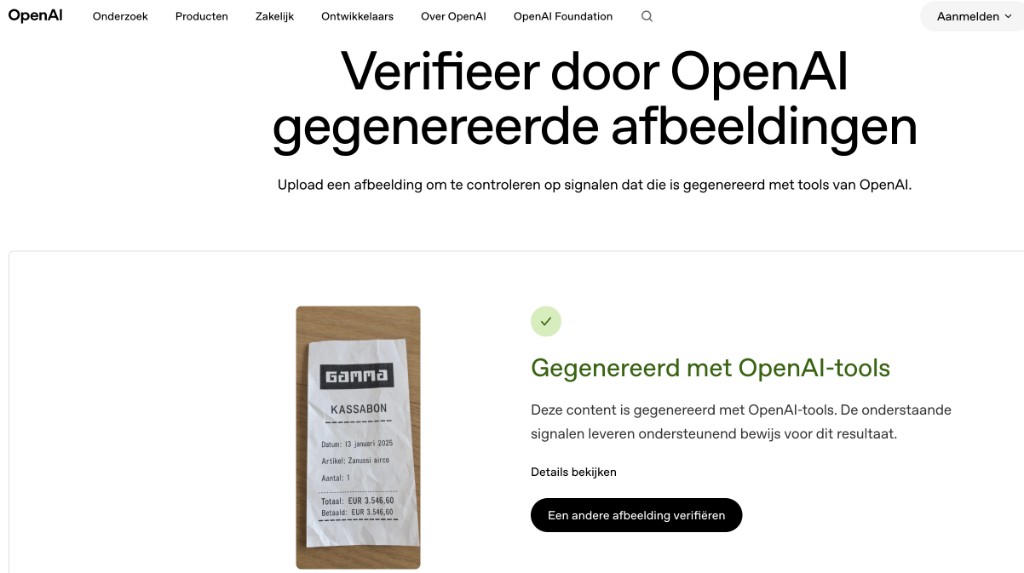 Screenshot of OpenAI Verify with green checkmark: the Codex receipt is recognised as generated with OpenAI tools