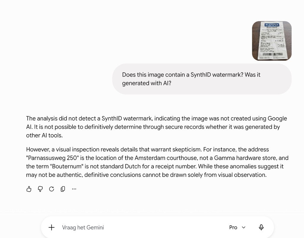 Screenshot of Gemini 3.1 Pro: no SynthID watermark detected, but the observation that Parnassusweg 250 is the Amsterdam courthouse