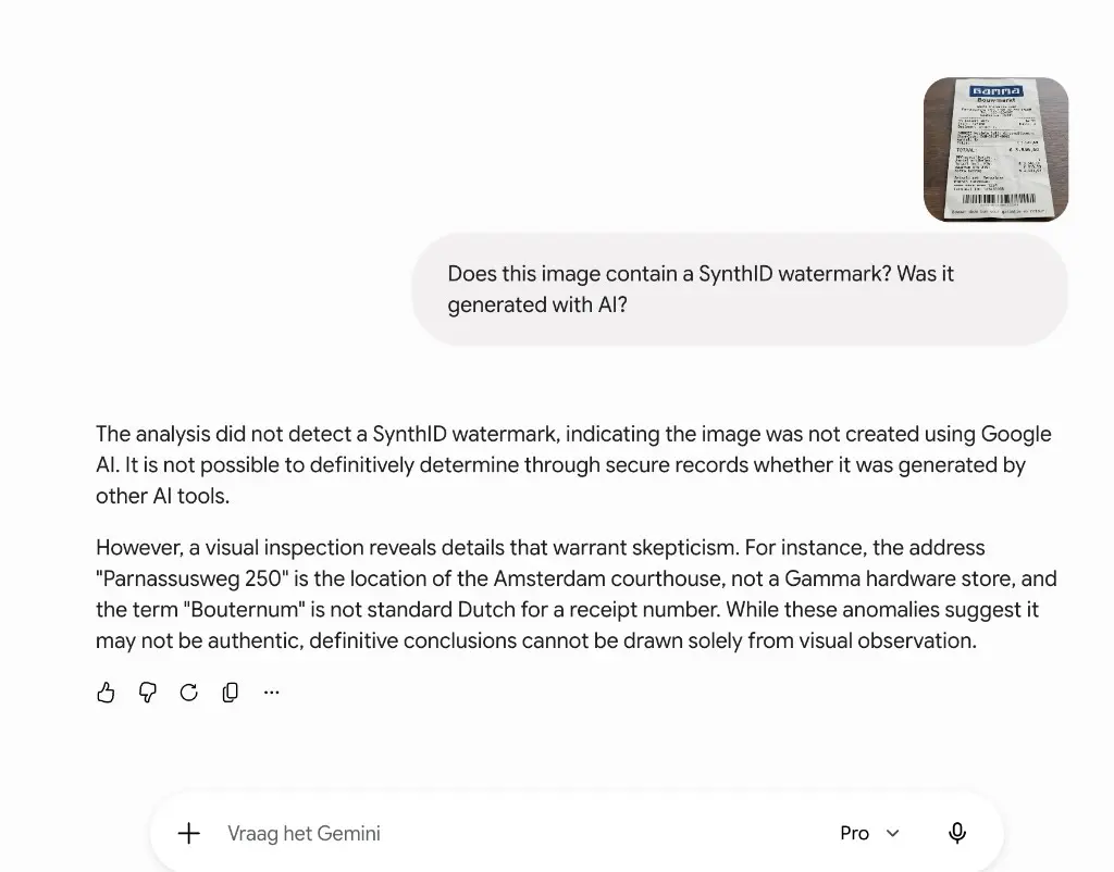 Screenshot of Gemini 3.1 Pro: no SynthID watermark detected, but the observation that Parnassusweg 250 is the Amsterdam courthouse